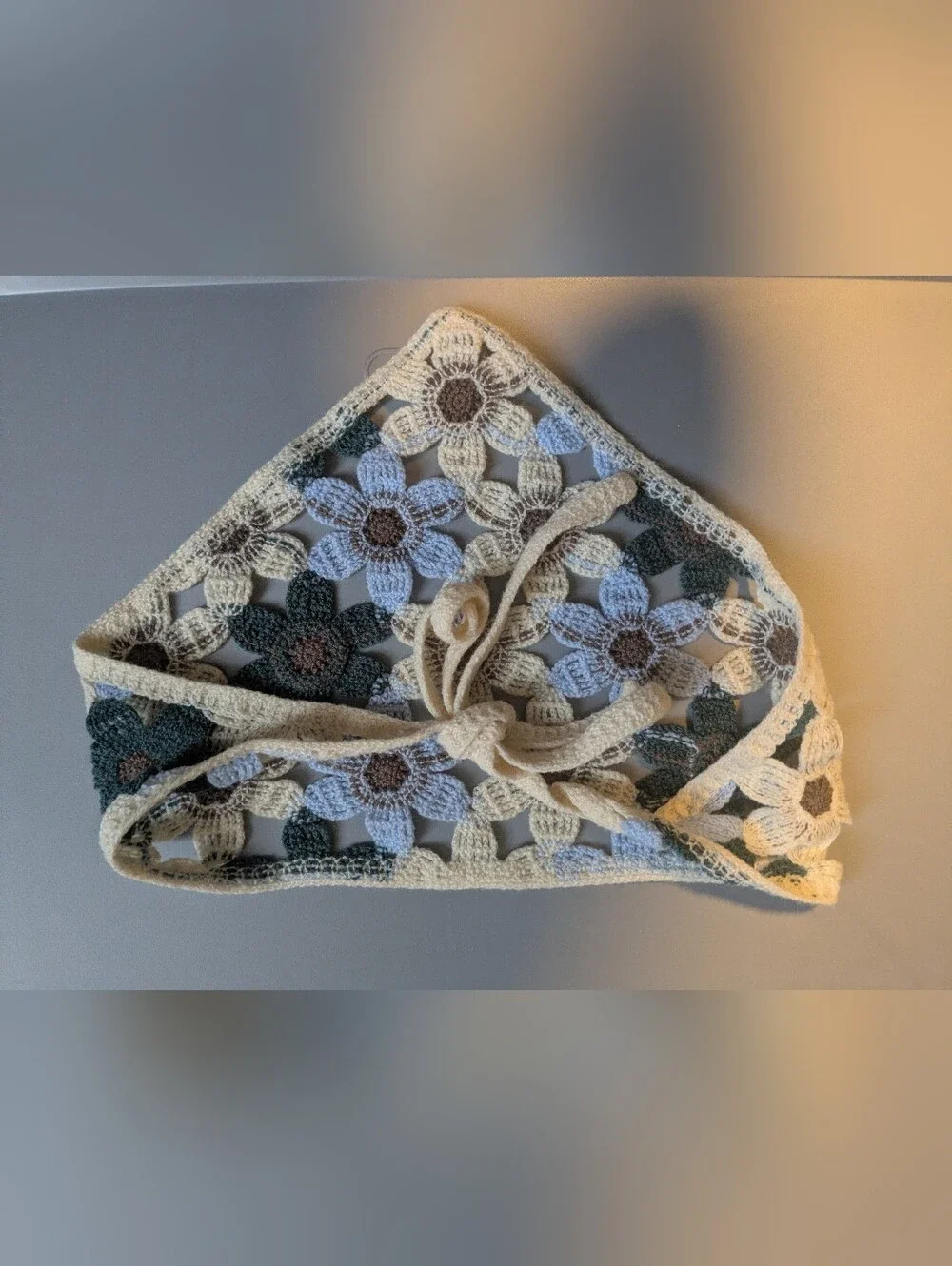 Crochet Floral Headscarf - Cream, Light Blue & Dark Green